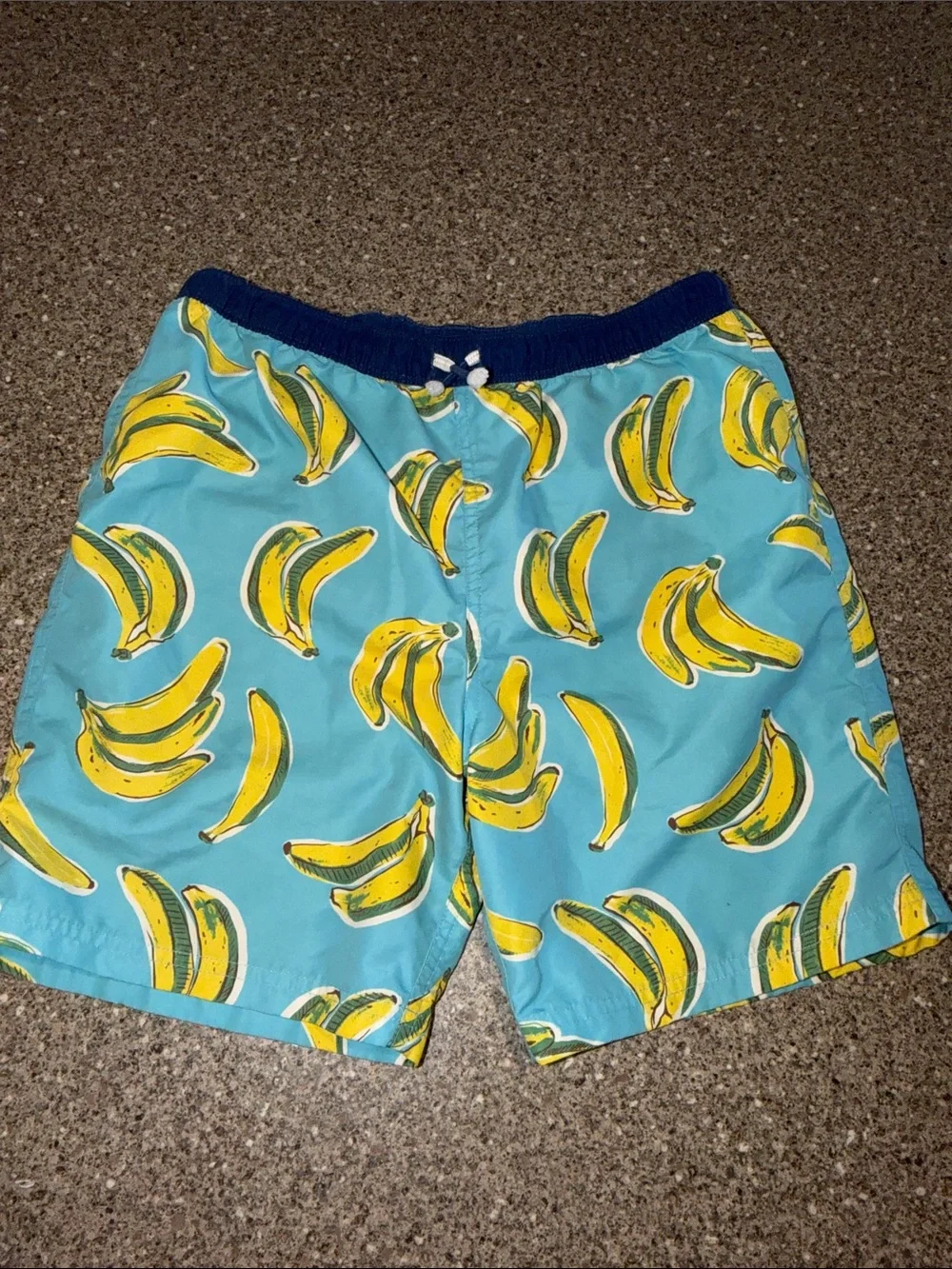Mini Boden Boys Blue Swim Trunks with Yellow Banana Print